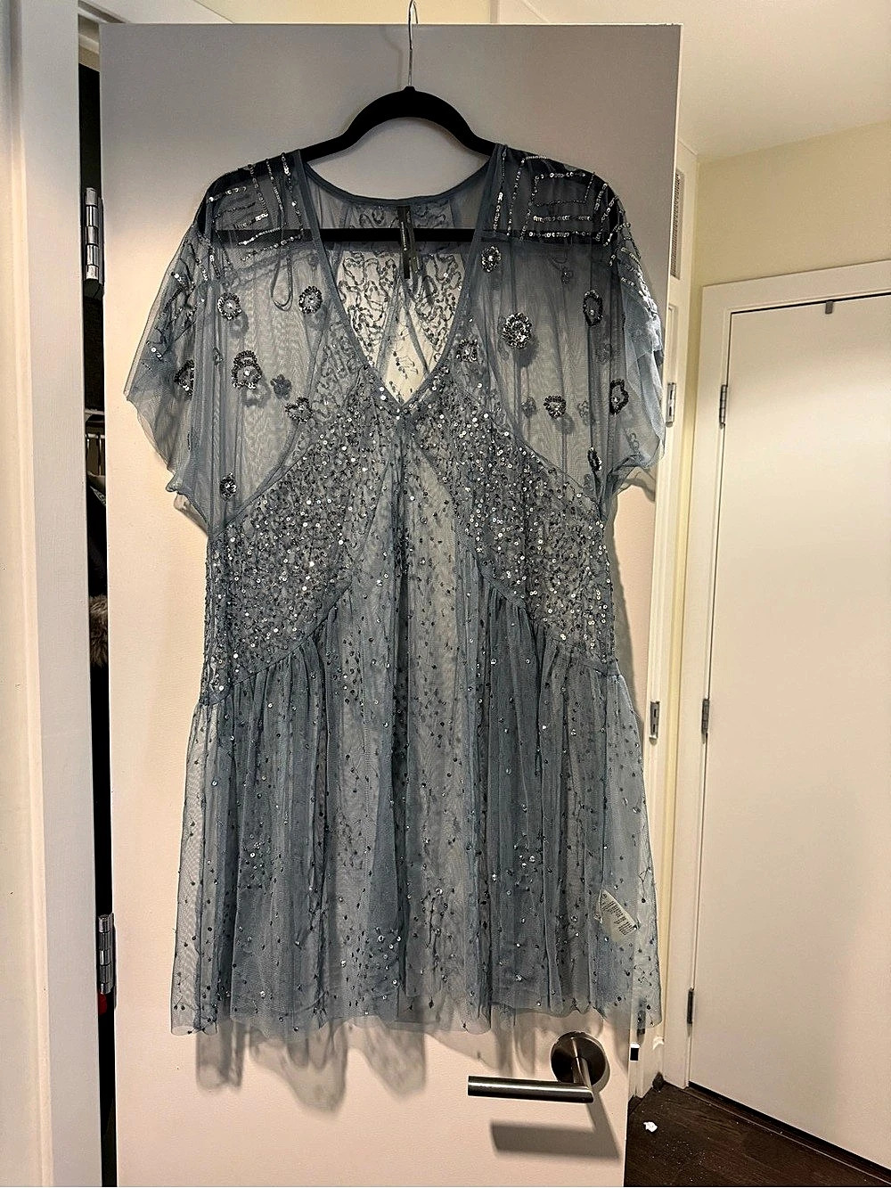 Anthropologie Embellished Floral Mini Dress in Blue Like New